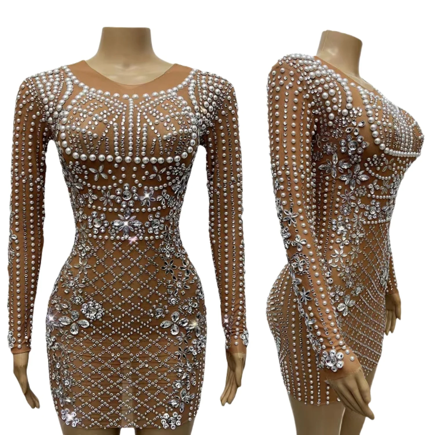 

Sparkly Rhinestone Pearls See Through Mesh Mini Dress Women Party Prom Singer Stage Costume Club Sexy Brown Outfit Wanggezhenzhu