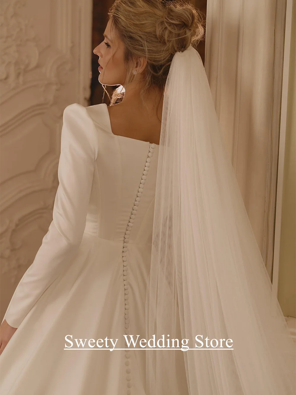 فستان الزفاف العربي مخصص ساحة الرقبة كامل الأكمام عودة زيبر أزرار ثوب الزفاف قطار الاجتياح ألف خط فساتين العروس #4