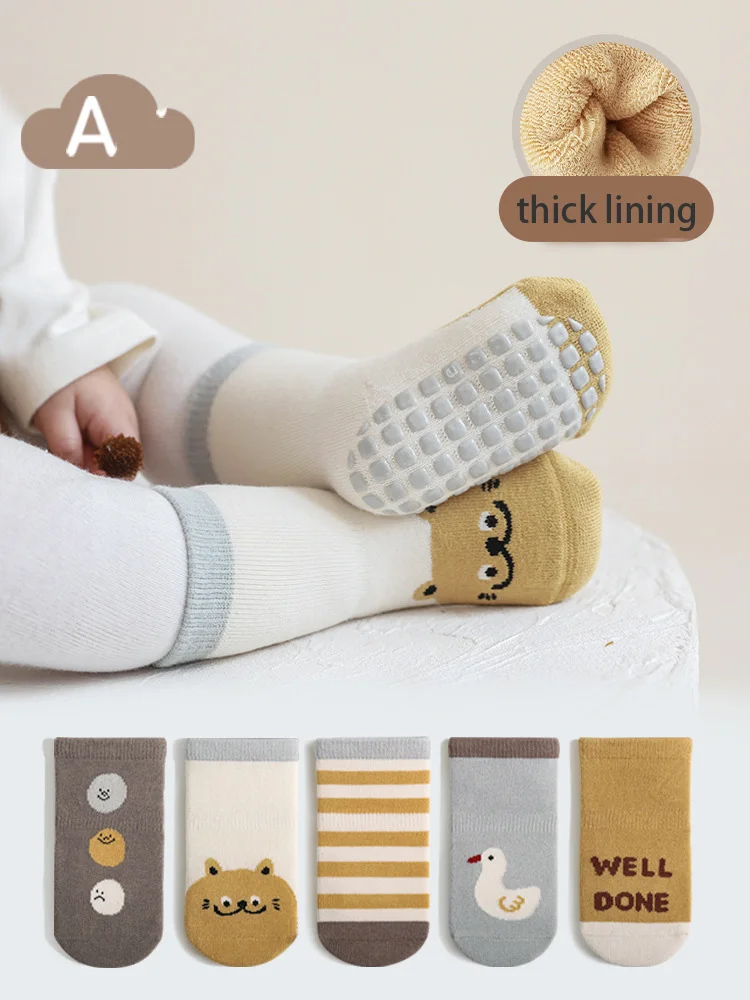 

5 Pairs Lot Winter Cartoon Terry Fleece Plush Newborn Baby Socks 0-5Y Thicken Lining Anti-Slip Floor Kids Boys Stockings