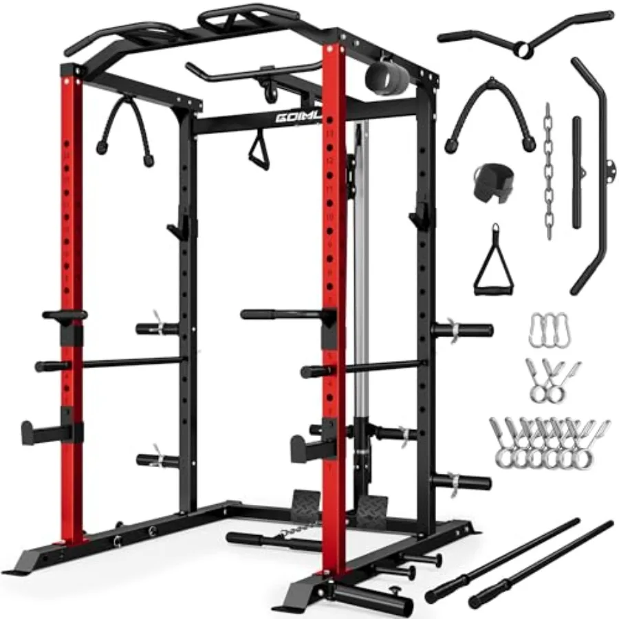 

Home gym power cage: steel, black, 2000LBS capacity with LAT pulldown and multi-function attachments for strength training