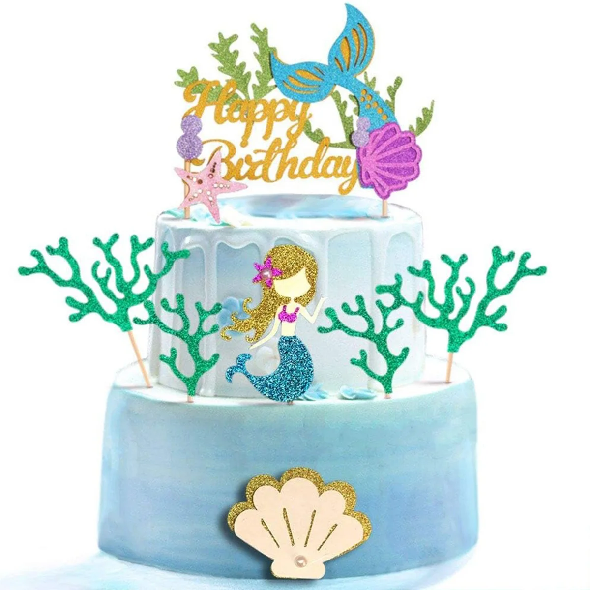 5 Stück Meerjungfrau-Thema-Geburtstagstorte-Topper mit Algen und Meerjungfrauen, Kuchen-Cupcake-Topper für Mädchen-Geburtstagsparty mit Meerjungfrau-Motiv