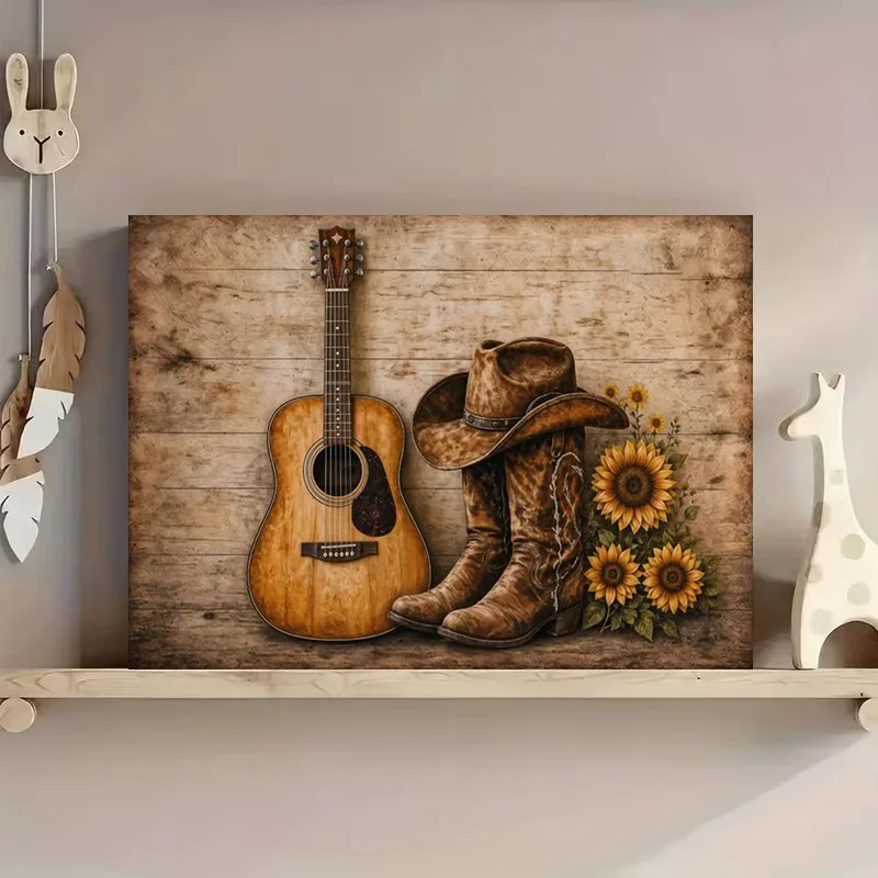 Multiple sizes 1pc frameless Canvas Painting,Rustic Cowboy Boots Hat Guitar and Sunflowers Poster and Prints Canvas Painting Wal