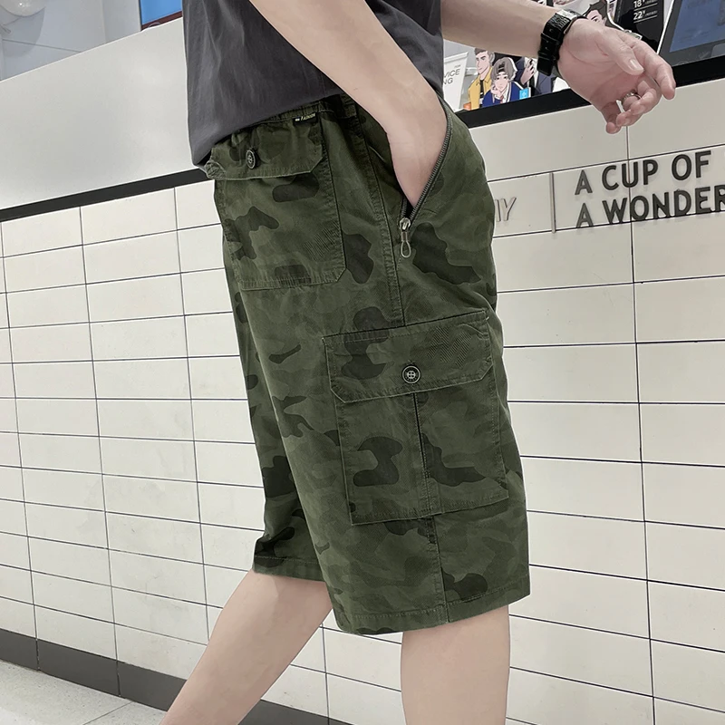 Summer Cotton Loose Cropped Pants Men's Overalls Shorts Camouflage Multi-Pocket Large Size Fat Man Middle-Aged Men's Pants