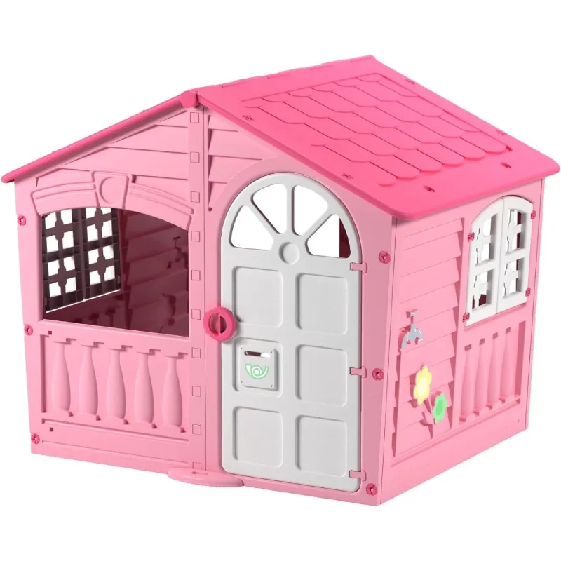 Casa de juegos para niños, interior y exterior, puerta y ventanas de trabajo, Color rosa y blanco caramelo, niños pequeños de 2 años en adelante