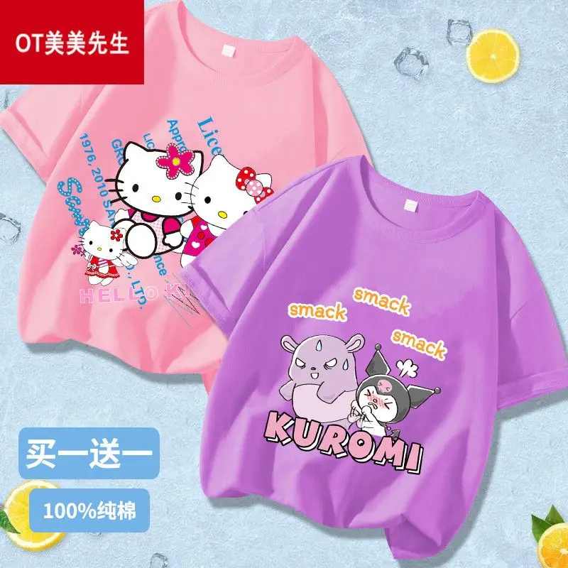 

Girly Heart Hello Kitty Cinnamoroll Anime Kawaii Sanri Short Sleeve Hooded Cute Kuromi Casual T-Shirt Base Clothing Gifts Toys