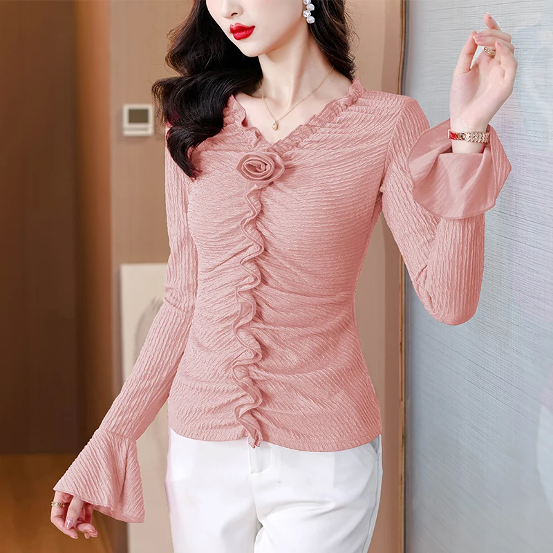 Spring Autumn New Women's top V-neck Pleated Slim fit Long Sleeve Bottoming T shirt Korean Fashion Casual Tees