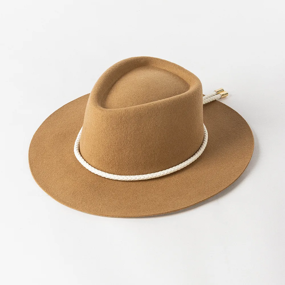 

New Fashion Retro pu Wide Brim Woolen Jazz Fedora Hat with Tie, Outdoor Shopping Travel Photography Concave Shape Hat