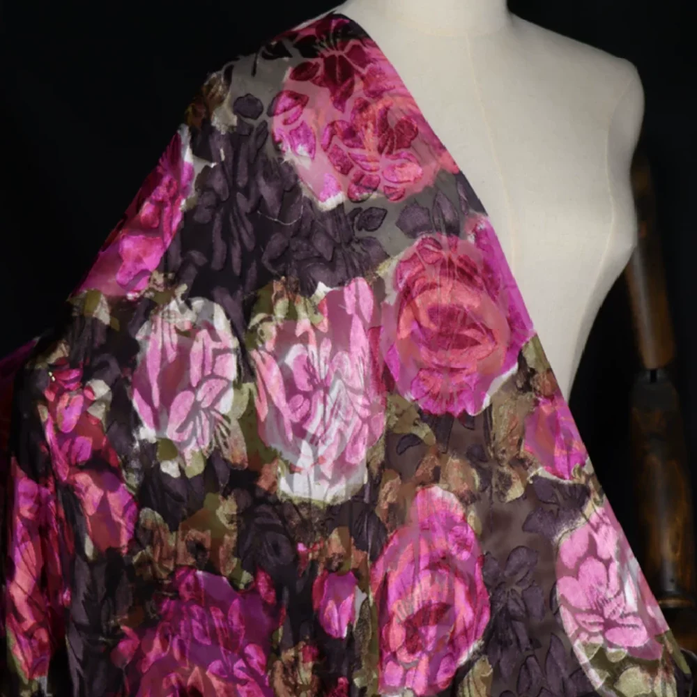 Brown Pink Dark Color Big Flower Hand Paint Style Breathable Opal Silk Burn Out Fabric for Wife Lady Party Shawl Dress view 2