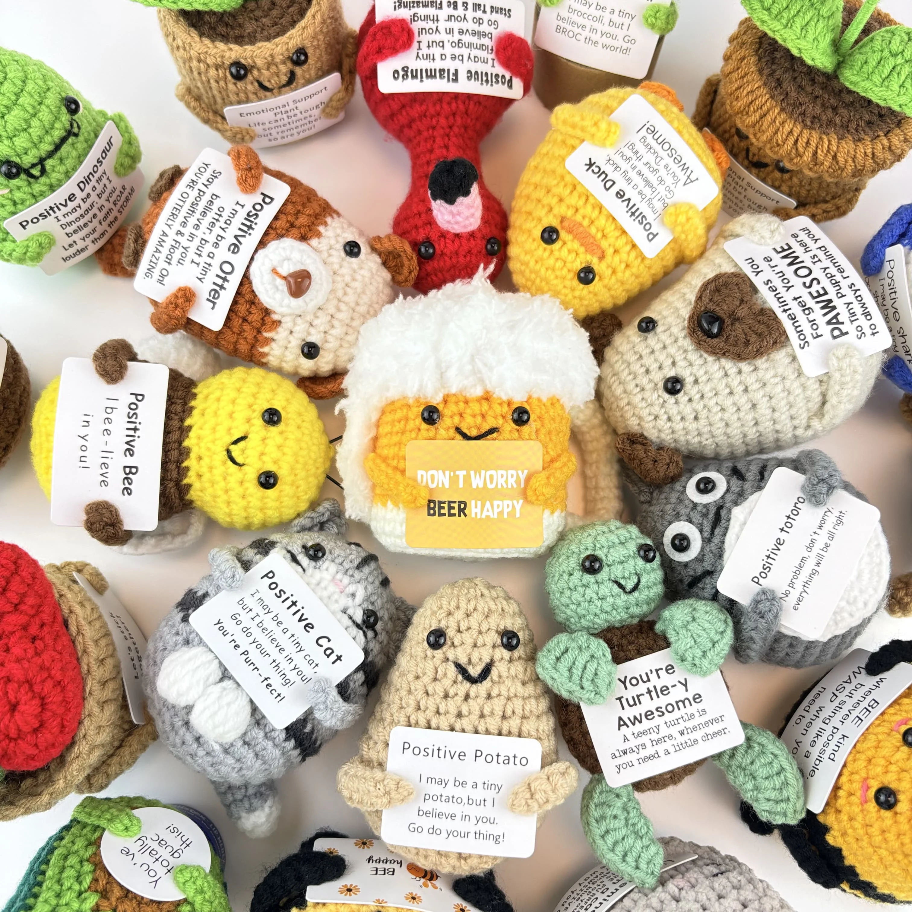 Funny Positive Bees Duck Shark Cat Dog Crochet Emotional Support Doll Positive Crochet Animals Gift for Friend Creative Dolls