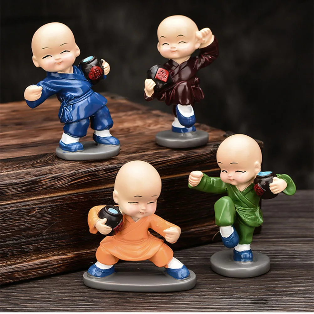

4Pcs Small Monk Resin Car Interior Ornament Kungfu Monk Buddha Car Decor Office Home Decoration Gift Kongfu Monks