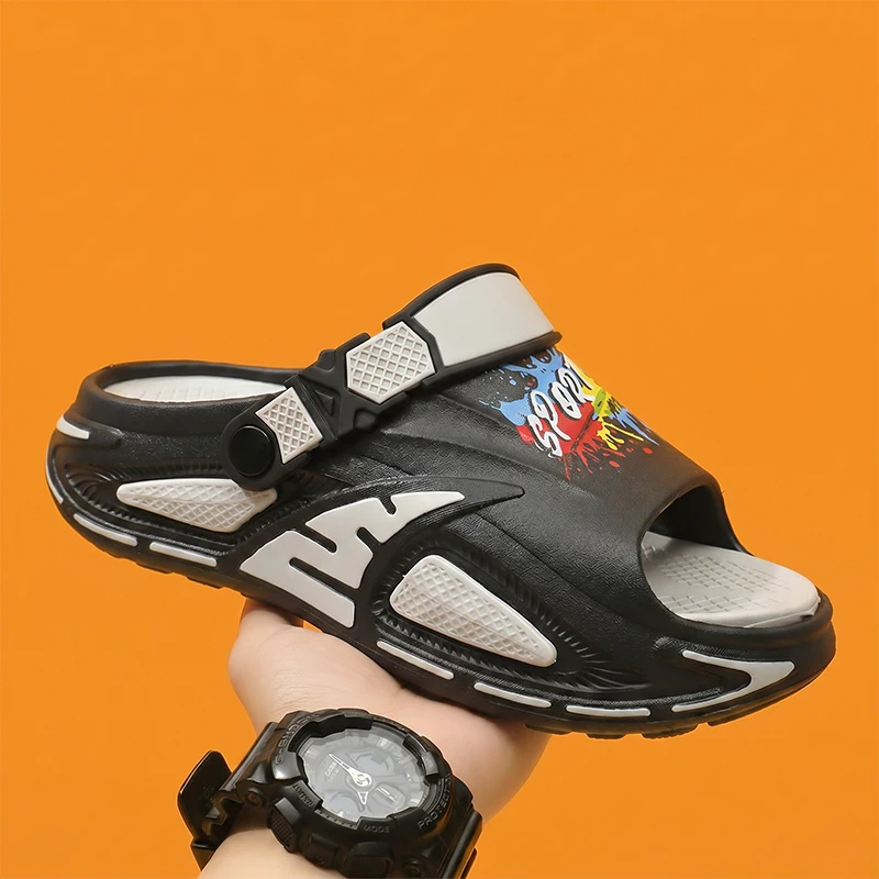 Men's Sports Side-Striped Color-Blocking Printed Open-Toe Thick-Soled Dual-Wear Slide Sandals, Non-Slip Wear-Resistant Eva Sole, Street Outdoor Sandals