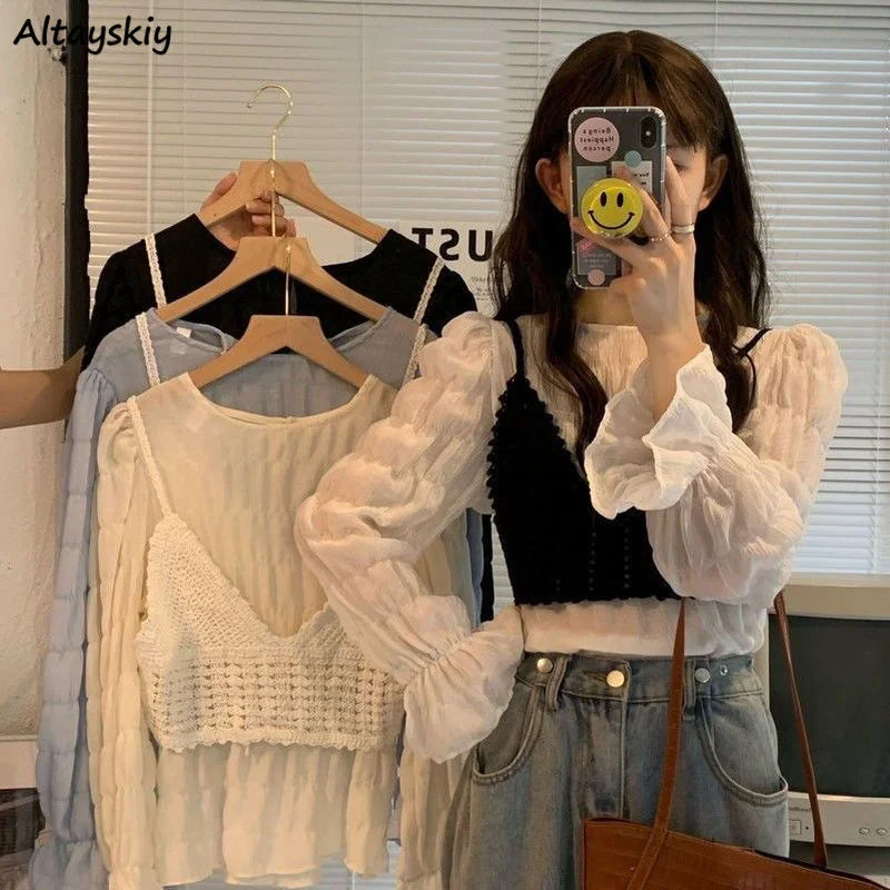 Sets Women Preppy Style Spring Fashion Solid Sweet Blouses and Camisole Harajuku Student Lovely Streetwear Ladies Soft Outfits