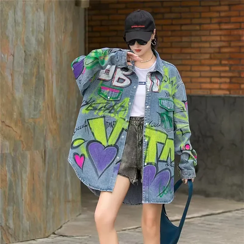 Streetwear Fashion Scrawl Print Big Pocket Denim Jacket Women Loose Mid Long Cowboy Outerwear Autumn Casual Jeans Jacket Female
