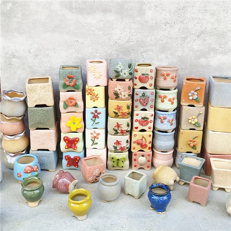 New Small Ceramic Flower Pot for Succulent Plants Thumb Controlled Type Square Mouth Thick Clay Potted Plant Container Epilobium