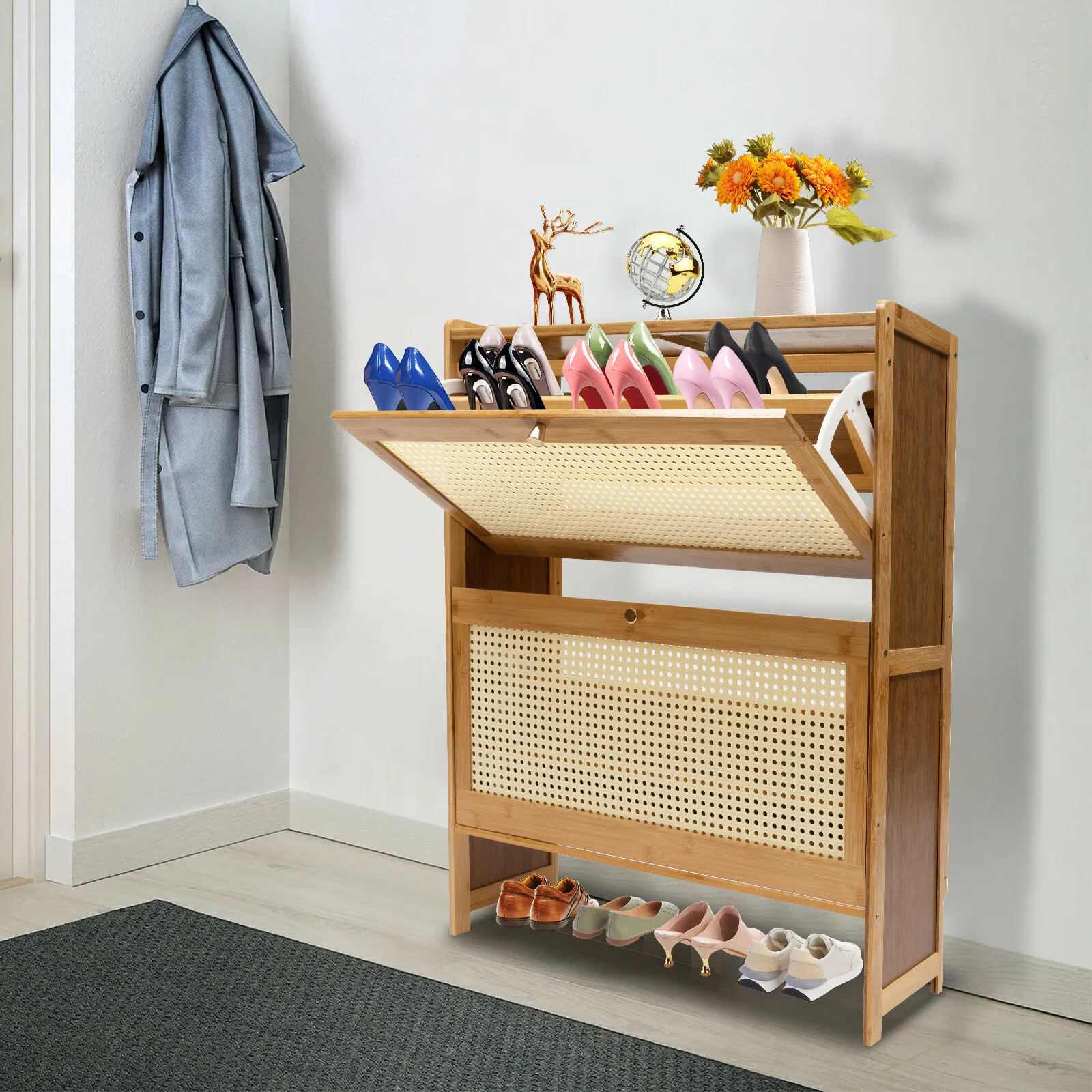 

27.5*9.4*34.2in Natural Rattan Shoe Cabinet Free Standing Shoe Racks Shoes Cabinet 2 Flip Rattan Doors