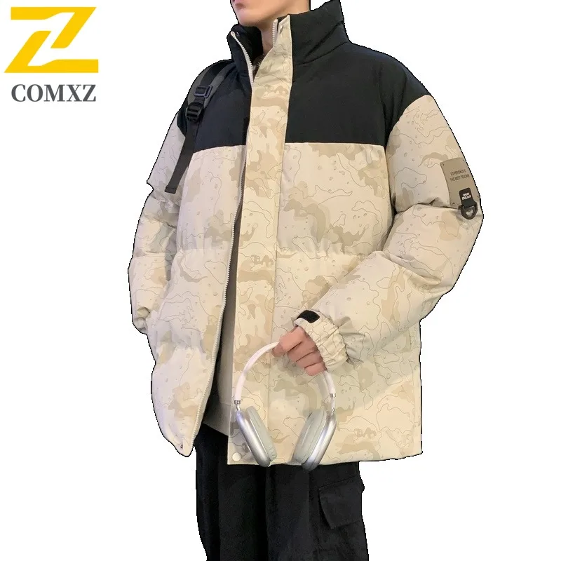 COMXZ Mens Stand Collar Puffer Jacket Warm Loose Fit Camouflage Patchwork Cotton-Padded Coat Thickened Waterproof Windproof