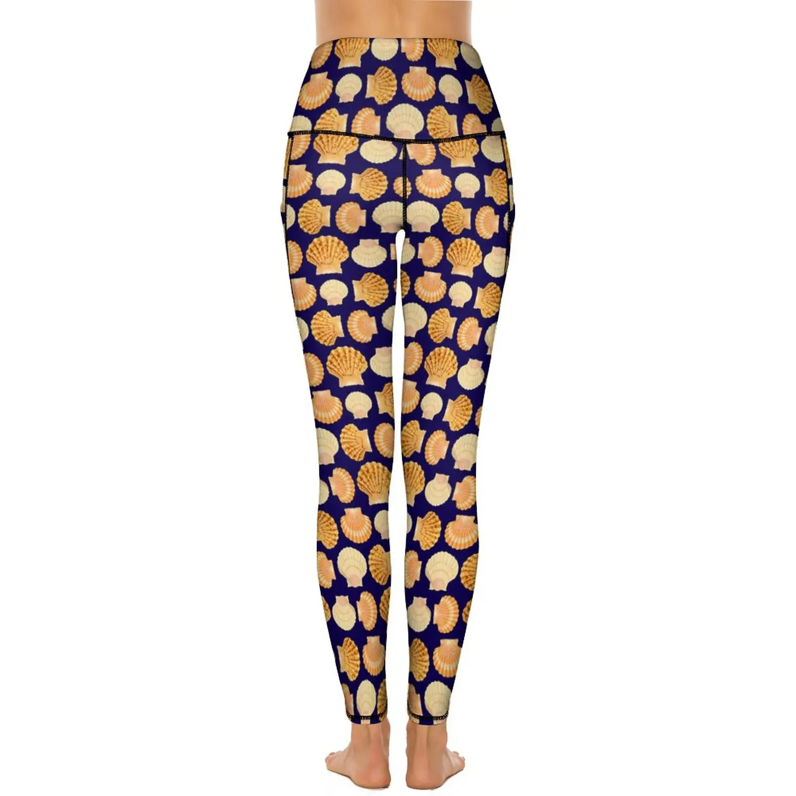 Leggings sexy à motifs coquillages, pantalon de yoga, fitness, taille haute, collants de sport extensibles avec poches, design amusant