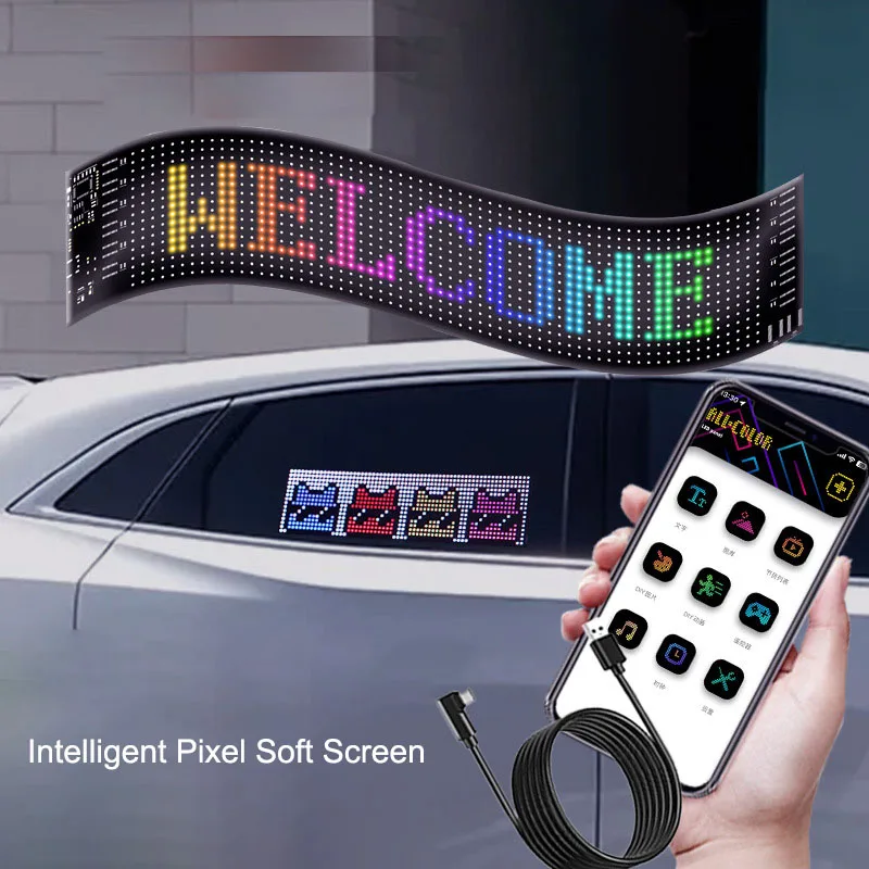 Car Led Flexible Screen 16x64 Advertising Interactive Screen App Bluetooth Custom Editing Remote Control 92x374mm