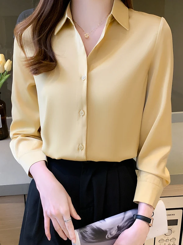 New Arrival Spring Heavyweight Silk Women's Long Sve  Silk Profional Satin White irt Commute Sle Straight Cut