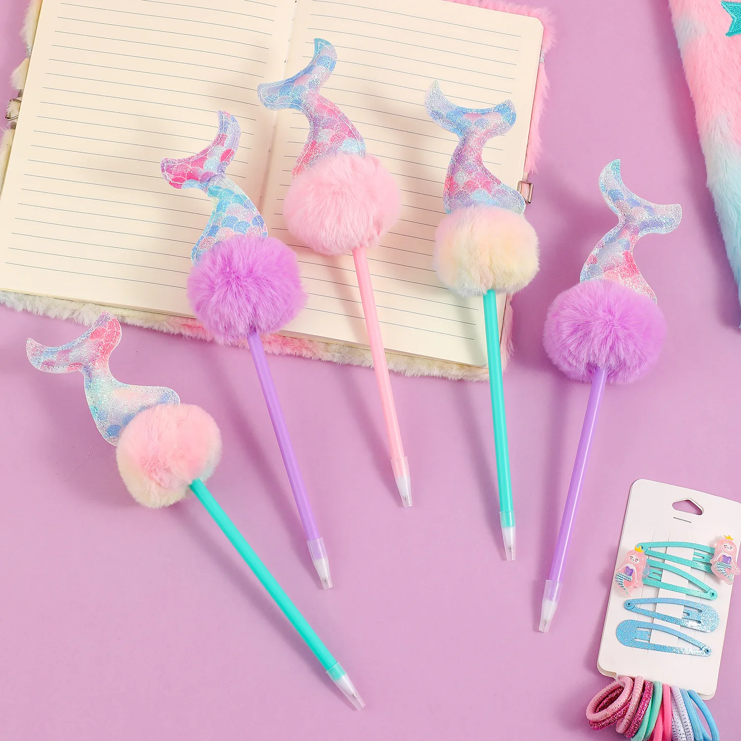 

12 Pcs Mermaid Series Hairball Pen Children DIY Hand Account Writing Ballpoint Pen Student Reward Gift