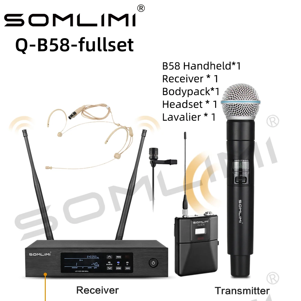 SOMLIMI-Q-B58a-Fullset Handheld Headset Bodypack Professional Wireless Microphone UHF True Diversity Stage Performance Karaoke