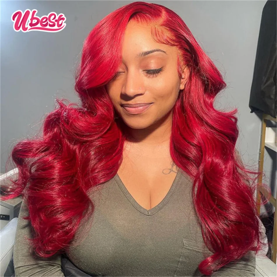 200 Density 34 Inch Red Wig Lace Front Human Hair Wig Body Wave Transparent 13x6 Lace Frontal Wig for Women PrePlucked Brazilian