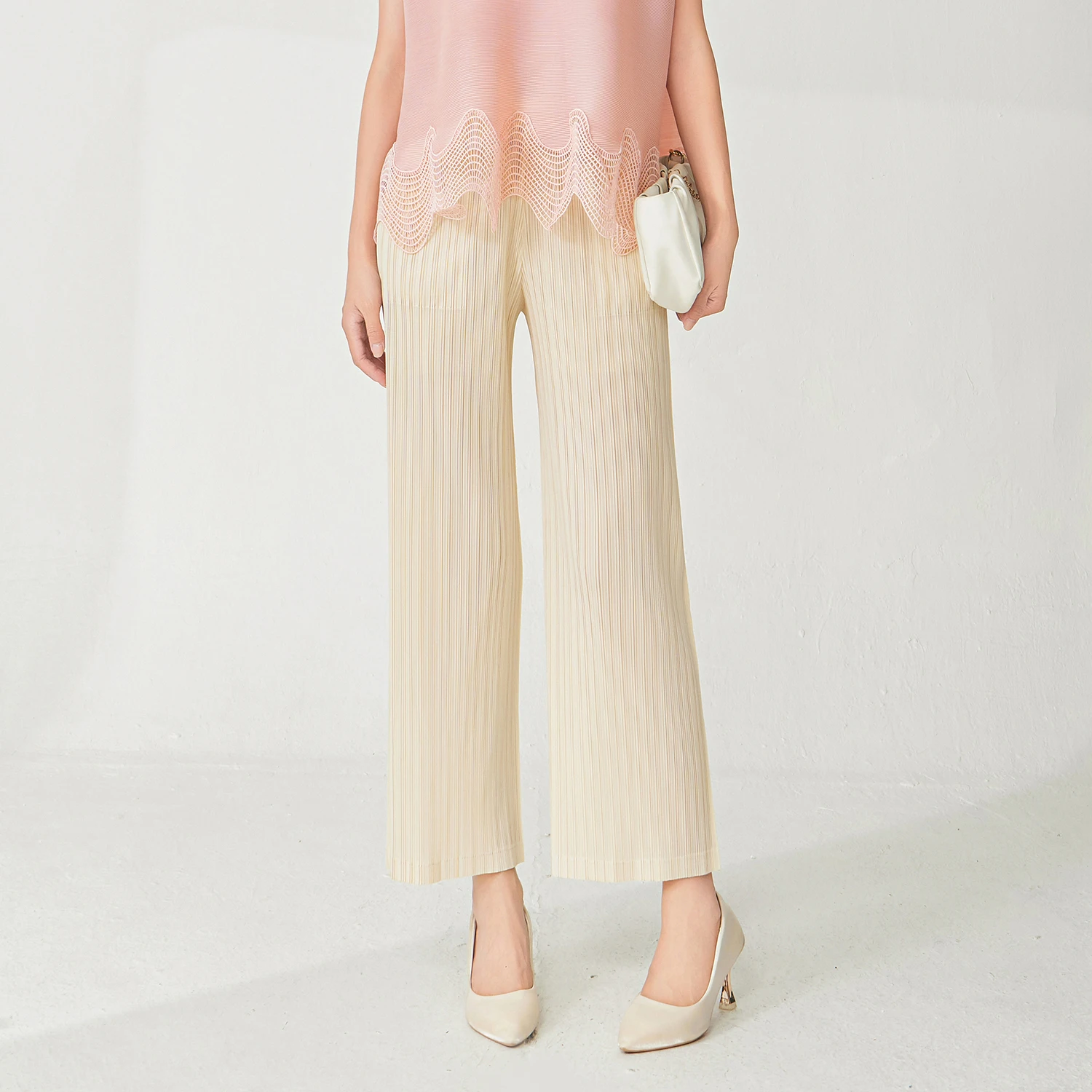 Miyake Women's High-Waist Pleated Wide-Leg Straight Pants Casual Style With Loose Fit Breathable for Spring and Summer