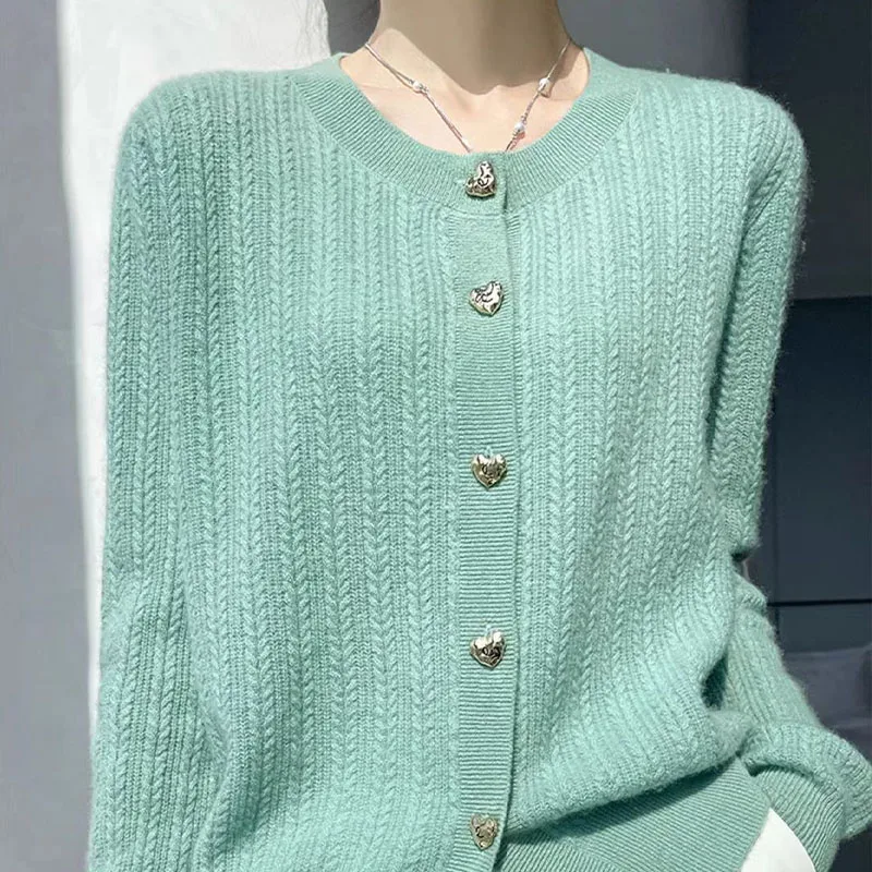 Autumn And Winter New Ladies Knitted Cardigan Sweater Coat Round Neck Wool Casual Long-Sleeved Shirt