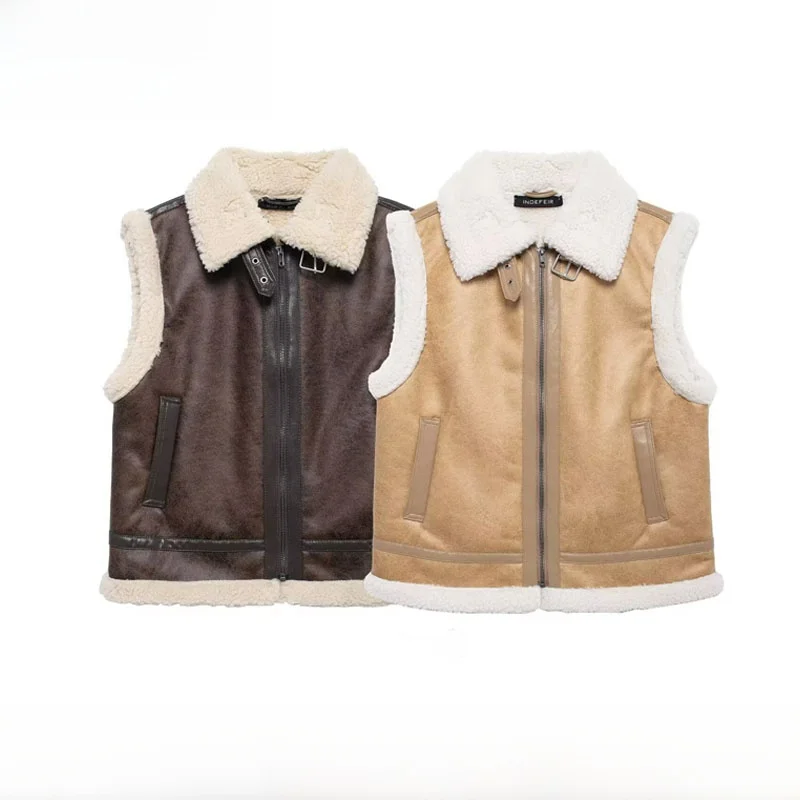 

Faionable Comfortable Women's Teddy Fce Lined Vest ZR Sle New Autumn Winter Collar Zipper Closure Color Pol...