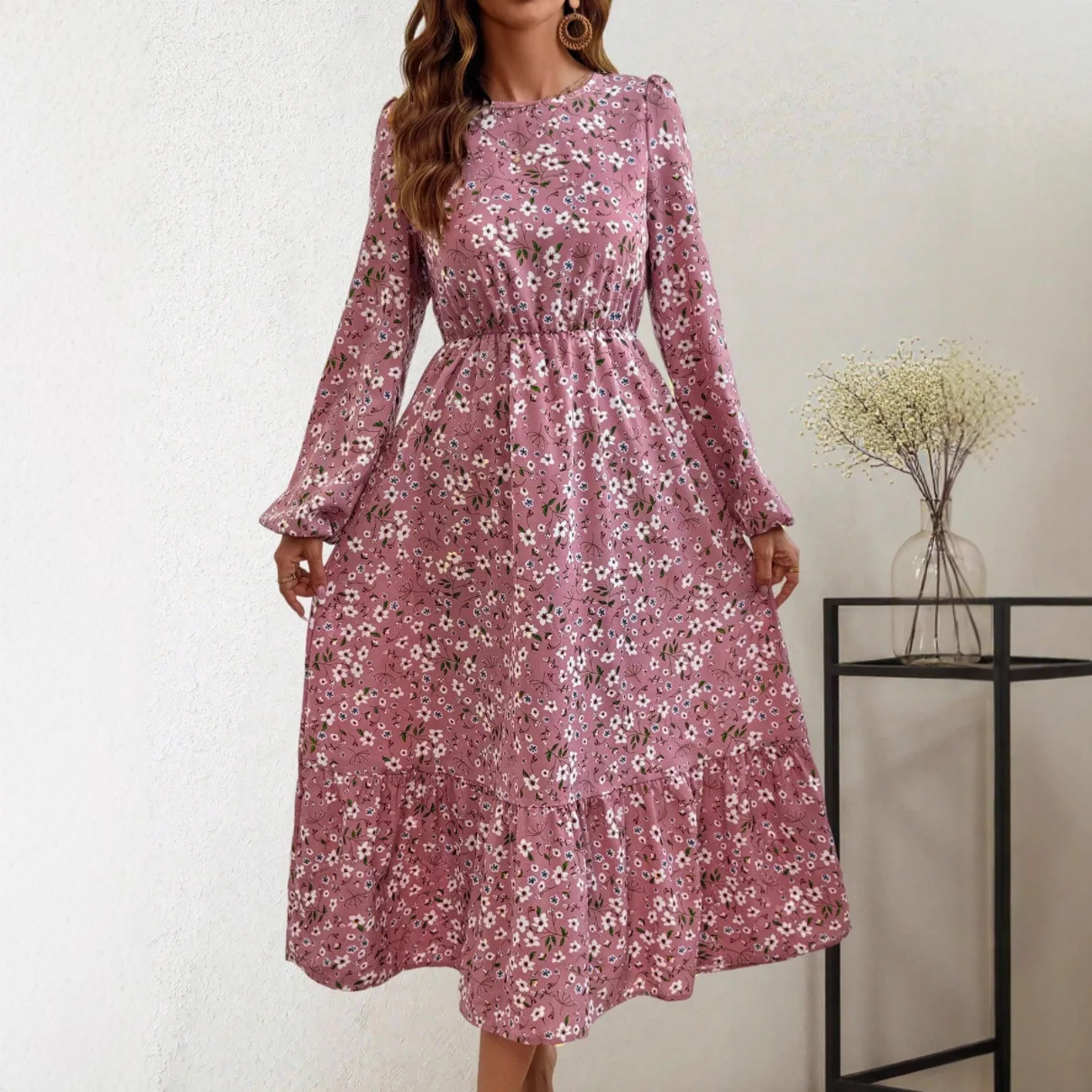 Vielseitiger Frühlings-Sommer-Damenrock mit Rundhalsausschnitt, Vestido De Festas, elegante Blumenmuster, lange Ärmel, Taille, A-Linie, Strandurlaubskleid