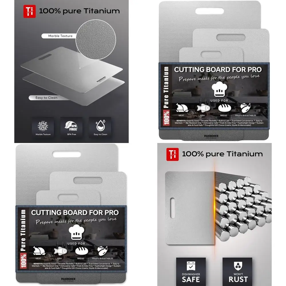 

Triple Set of Pure Titanium Kitchen Chopping Boards, 100% Food Grade, Non-Toxic, Dishwasher Safe, 10, 12, 16