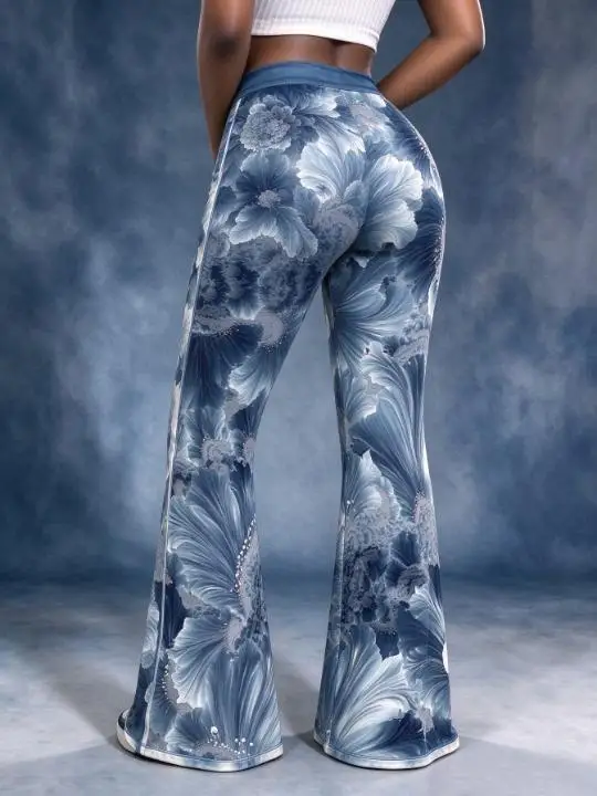 Blue Artistic Floral Leaf Print Flared Bell Bottom Pants, Mid Waist Stretch Casual Trousers