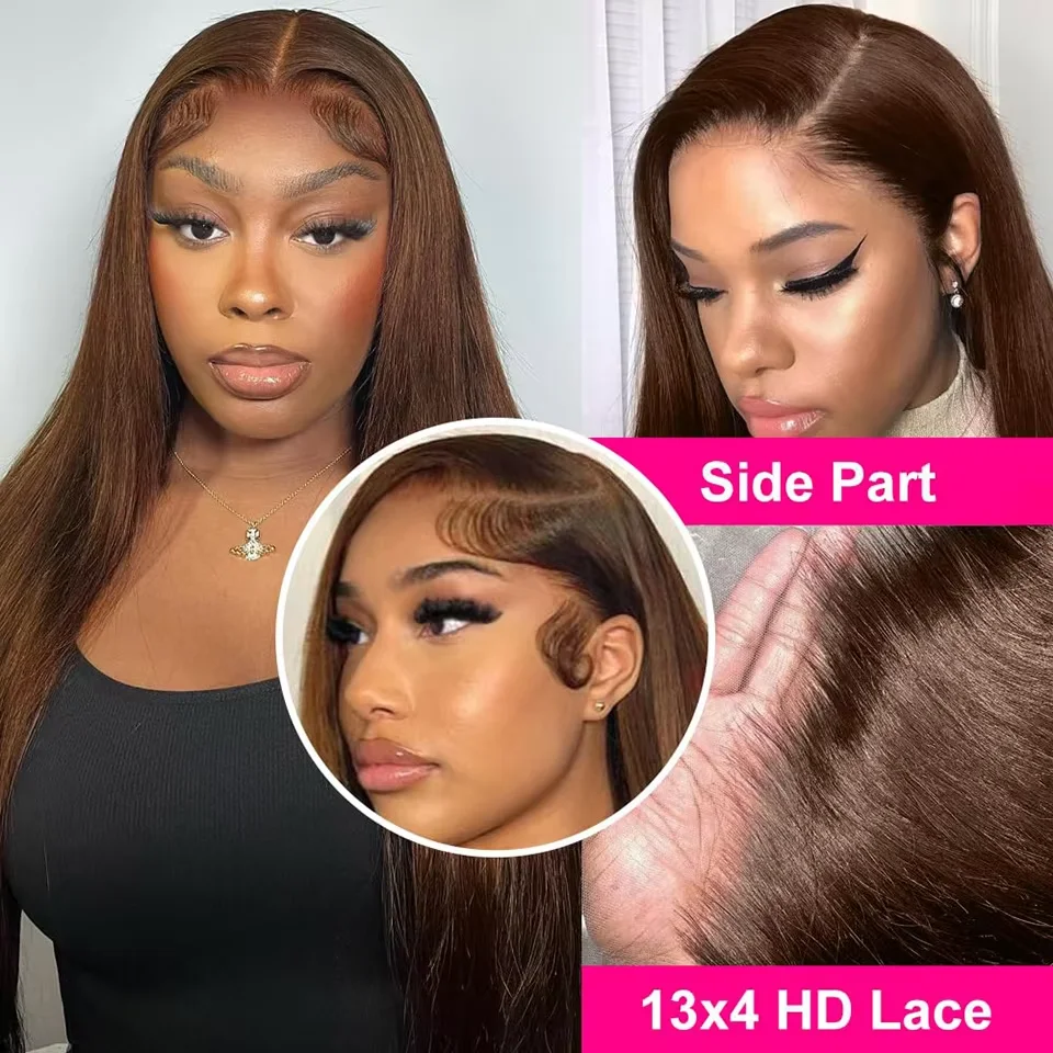 36 46 Inches Chocolate Brown #4 Colored 13x4 13x6 HD Lace Frontal Wig Front Long Straight Human Hair Wigs Pre-Plucked For Women image 3
