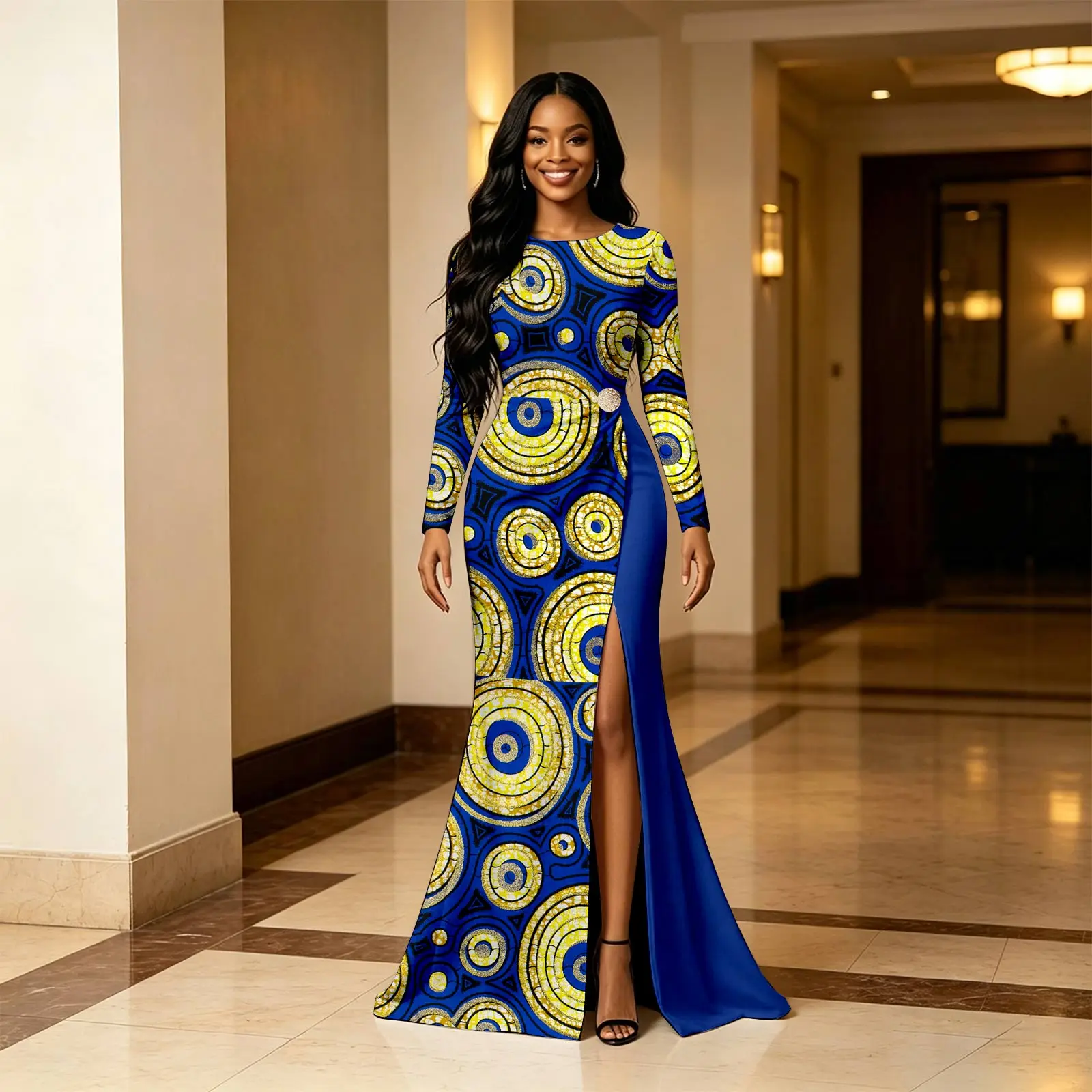 MaxPick African women's luxurious dress with long sleeves and split hem, slim fit dress 2625076