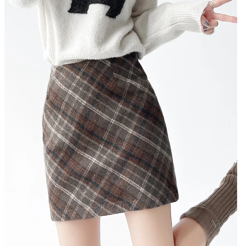 2026 Sprint Autumn School Style Women Plaid Woolen Skirts Vintage High Waist A-Line Mini Skirts Ladies Slim Bodycon Short Skirt