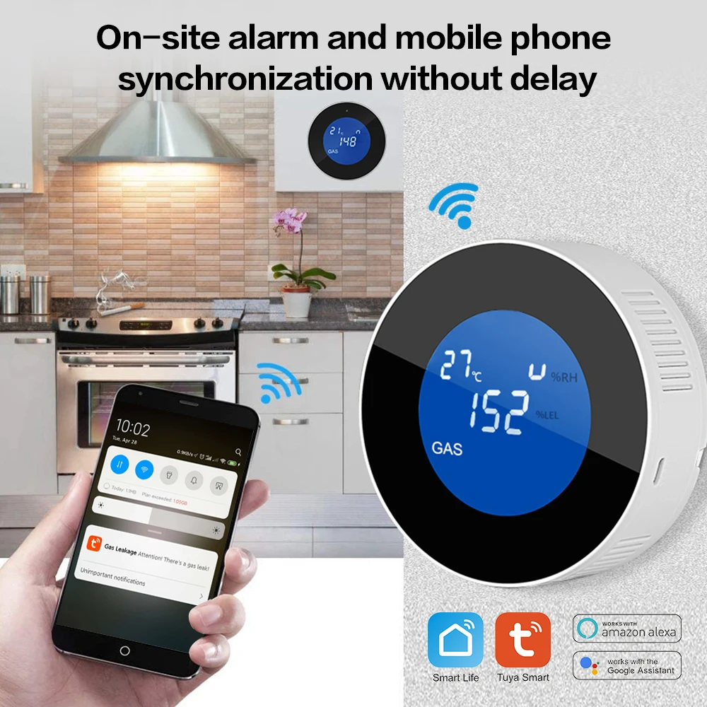 Tuya สมาร์ท WiFi ธรรมชาติแก๊สรั่ว Detecor นาฬิกาปลุก Digital LCD อุณหภูมิจอแสดงผล Gas Sensor สำหรับ Home Kitchen