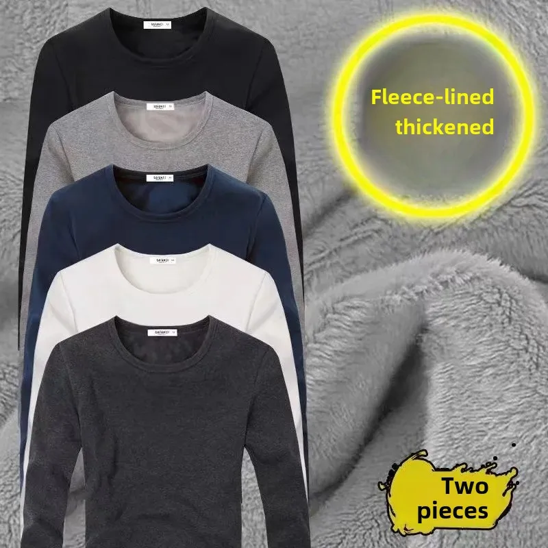 Men's Long Sleeve Thickened Fleece-Lined Round Neck T-Shirt Base Layer Top Solid Color Inner Layer For Autumn Slimming Smoothing