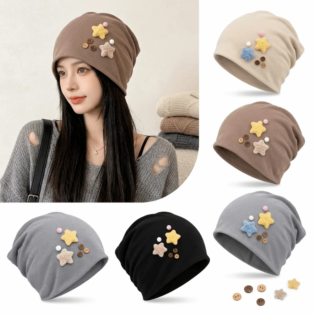 Durable Japanese Style Women's Beanie Star Detail Slouchy Beanie Face-Flattering Fit Windproof Pull-On Hat Cold Weather