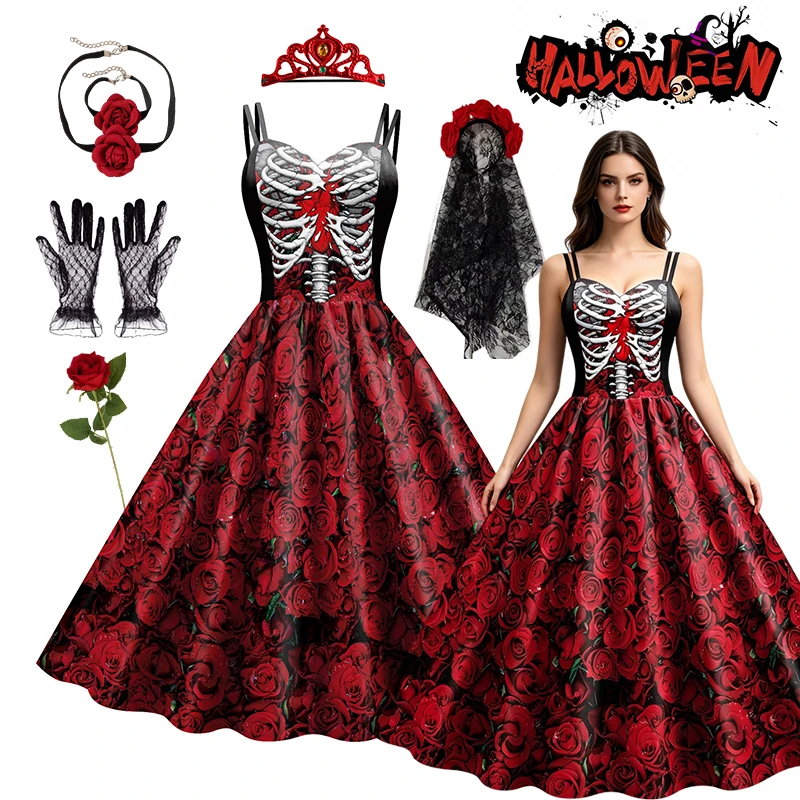 Women Halloween Skeleton Rose Dress Set Day of The Dead Cosplay Costume With Veil Crown Gloves For Carnival Party