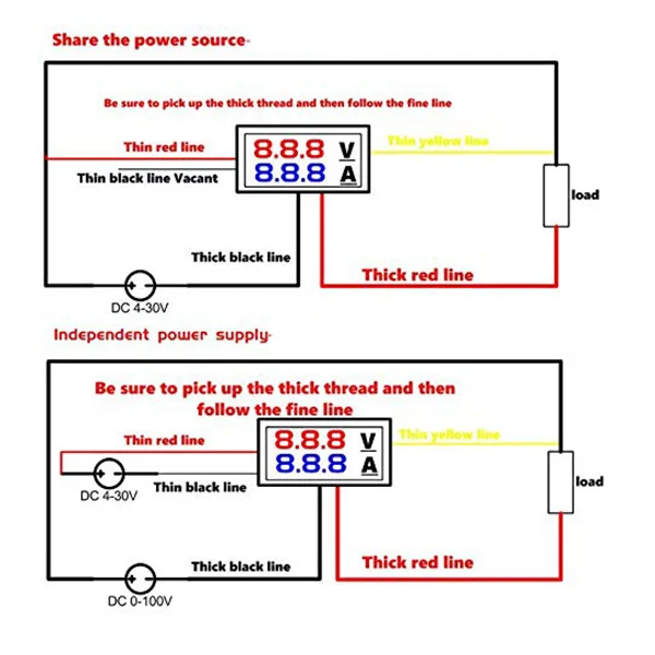 接続線付きデュアルLEDディスプレイパネル,デジタル電圧計,電流計,DC, 100V, 10A,電圧,電流,メーター,テスター,青,赤,2個
