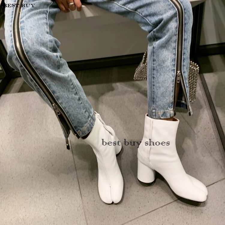 2024 New Silver Tabi Boots Split Toe Chunky High Heel Women Boots Leather Zapatos Mujer Fashion Autumn Women Shoes Botas Mujer