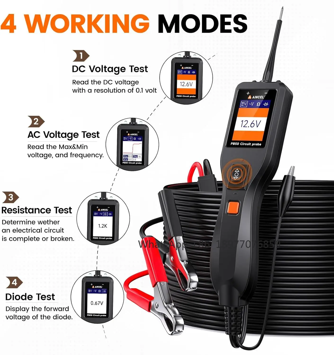 PB50 12 فولت/24 فولت دائرة الطاقة التحقيق تستر السيارات الكهربائية أداة تشخيصية 13FT كابل التيار المتناوب تيار مستمر الجهد قصيرة مكتشف ديود #3