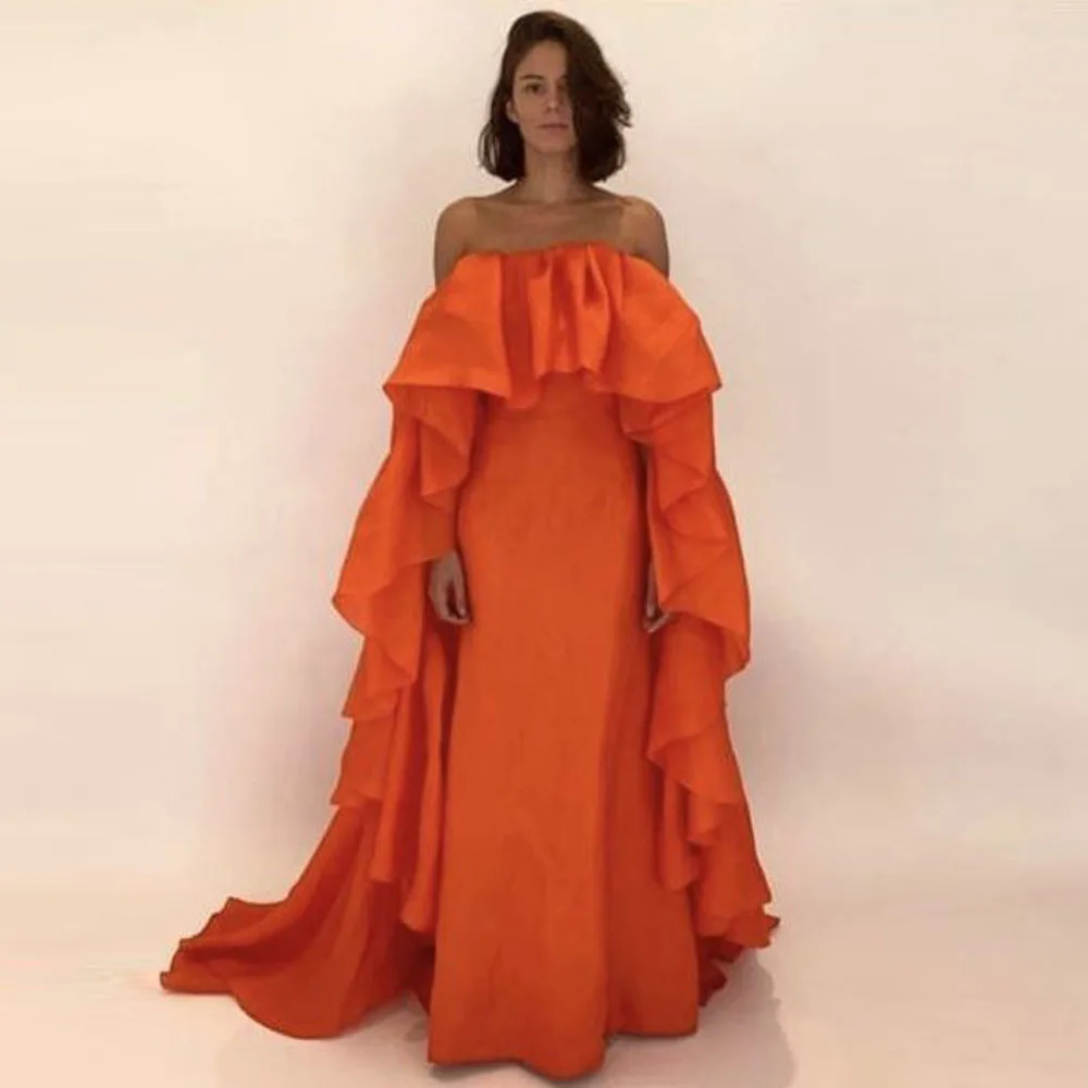 Elegant Hot Orange Long Formal Dresses With Long Ruched Cape Off The Shoulder Modest Women Dress To Party