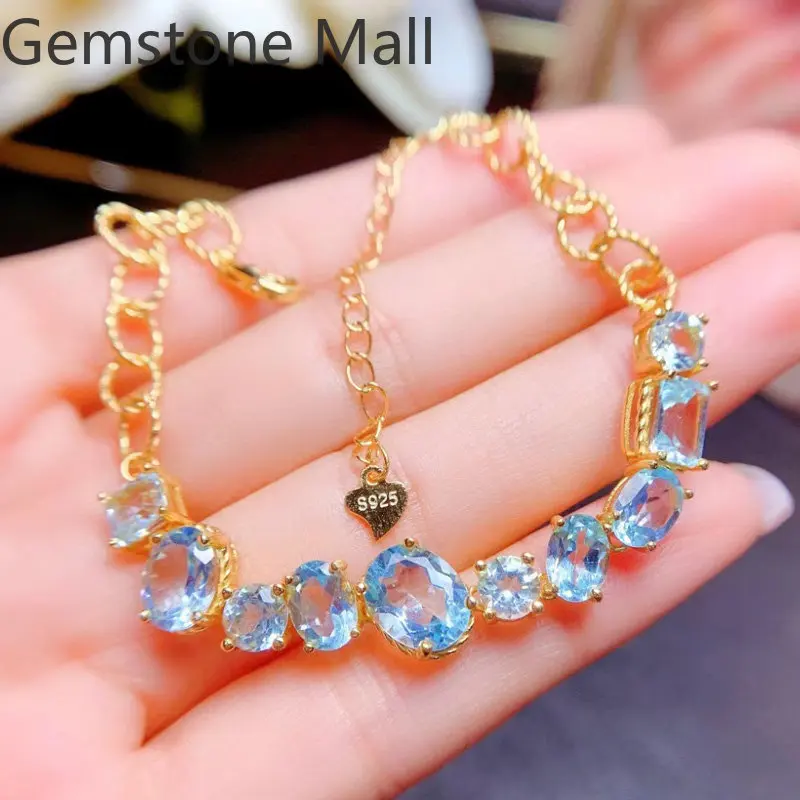 

Total 8ct Natural Topaz Bracelet VVS Grade Sky Blue Silver Bracelet with 3 Layers Gold Plating Birthday Gift for Woman