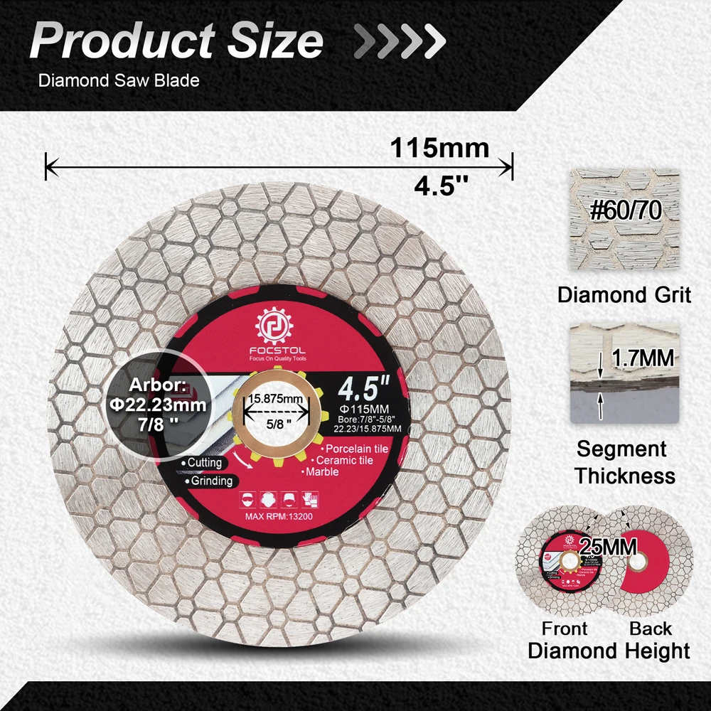 FOCSTOL Diamond Cutting Disc Saw Blade 115mm Grinding for Porcelain Ceramic Tile Marble Granite Artificial Stone Cutting Disc