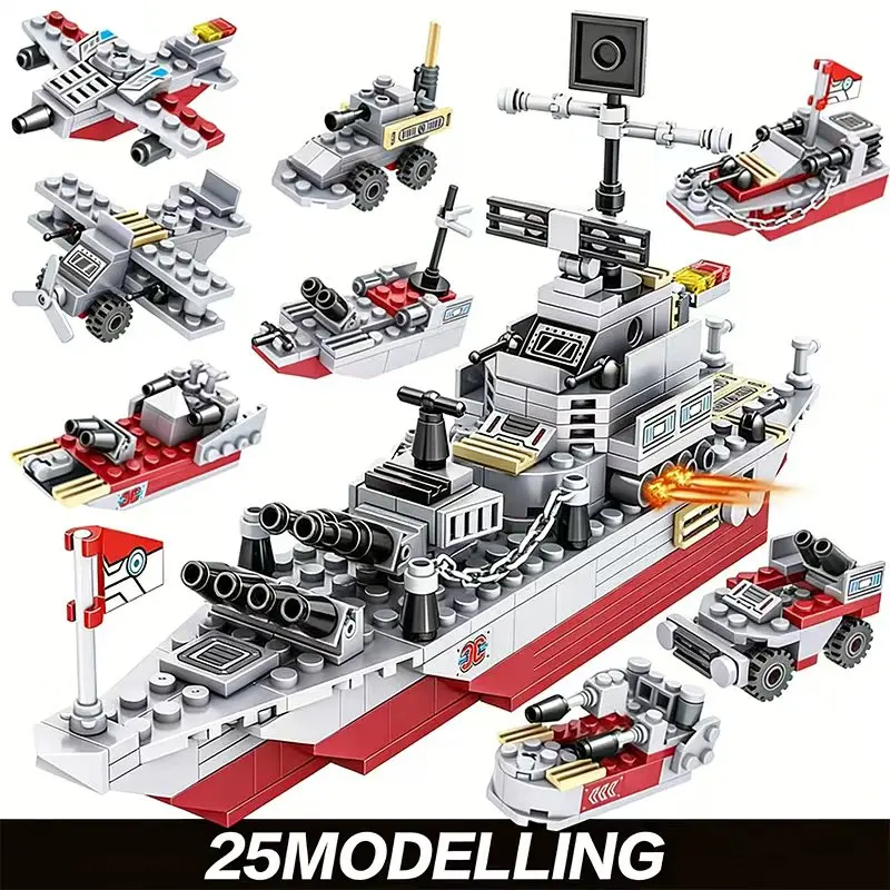 

Light-Up Navy Warship & Vehicle Building Blocks, Compatible Bricks Construction Toy for Boys