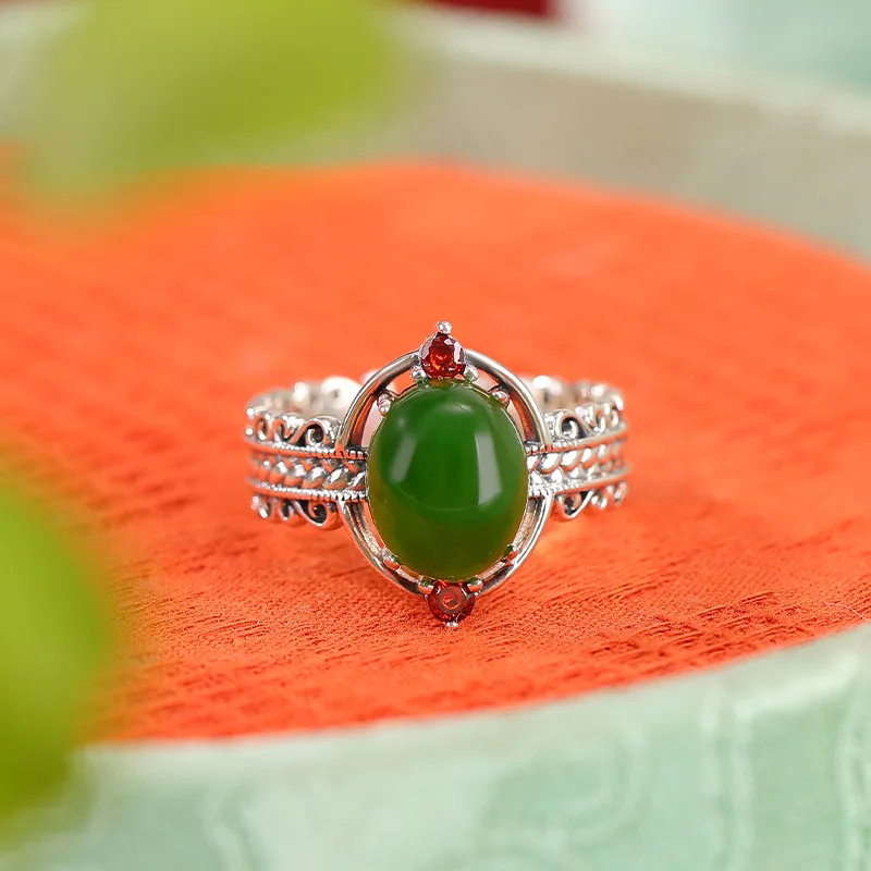 Natural Hetian Jade S925 Sterling Silver Woven Cabochon Jasper Ring