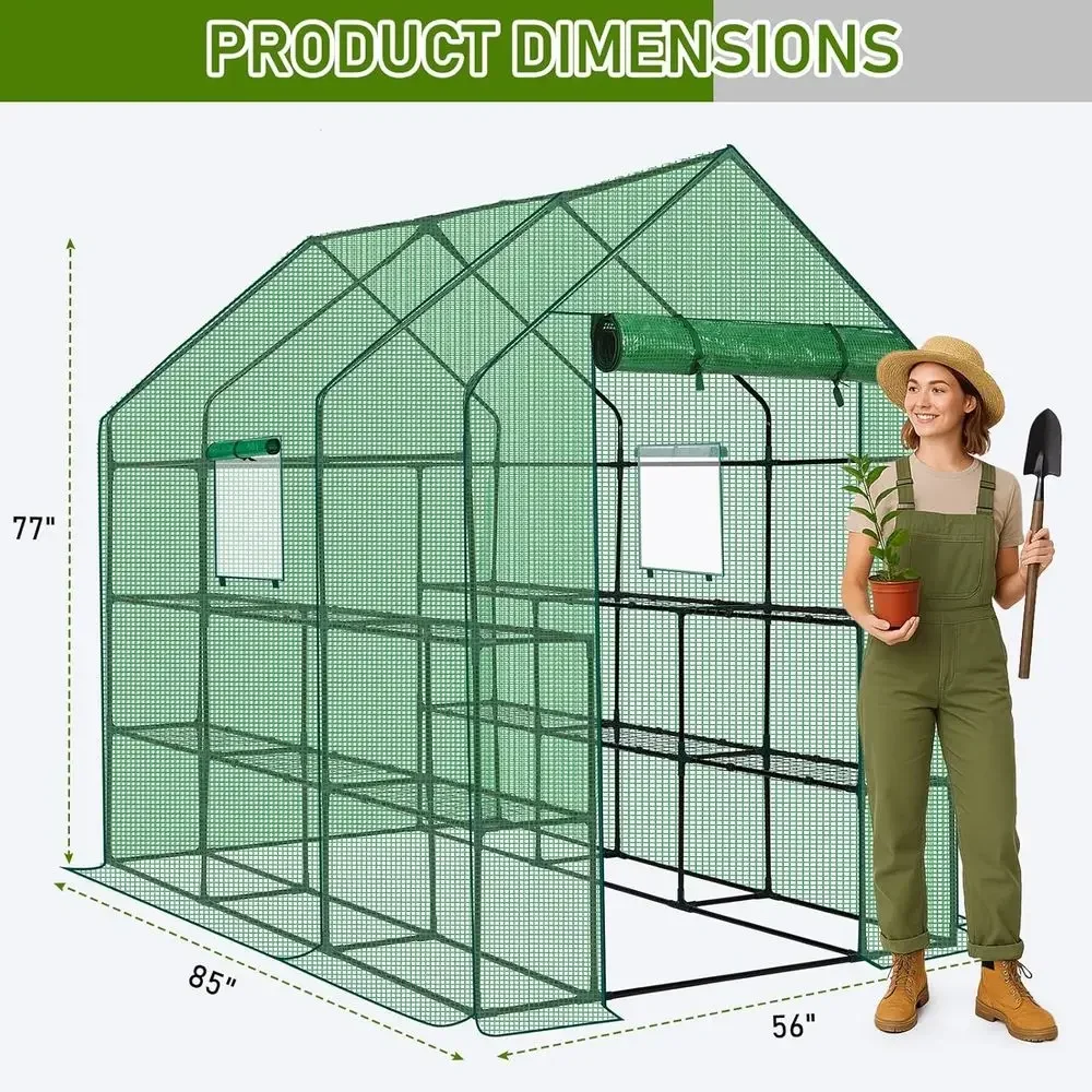 Durable Outdoor PE Walk-in Greenhouse with 3 Tiers, 12 Shelves, Roll-up Door, 56x85x77