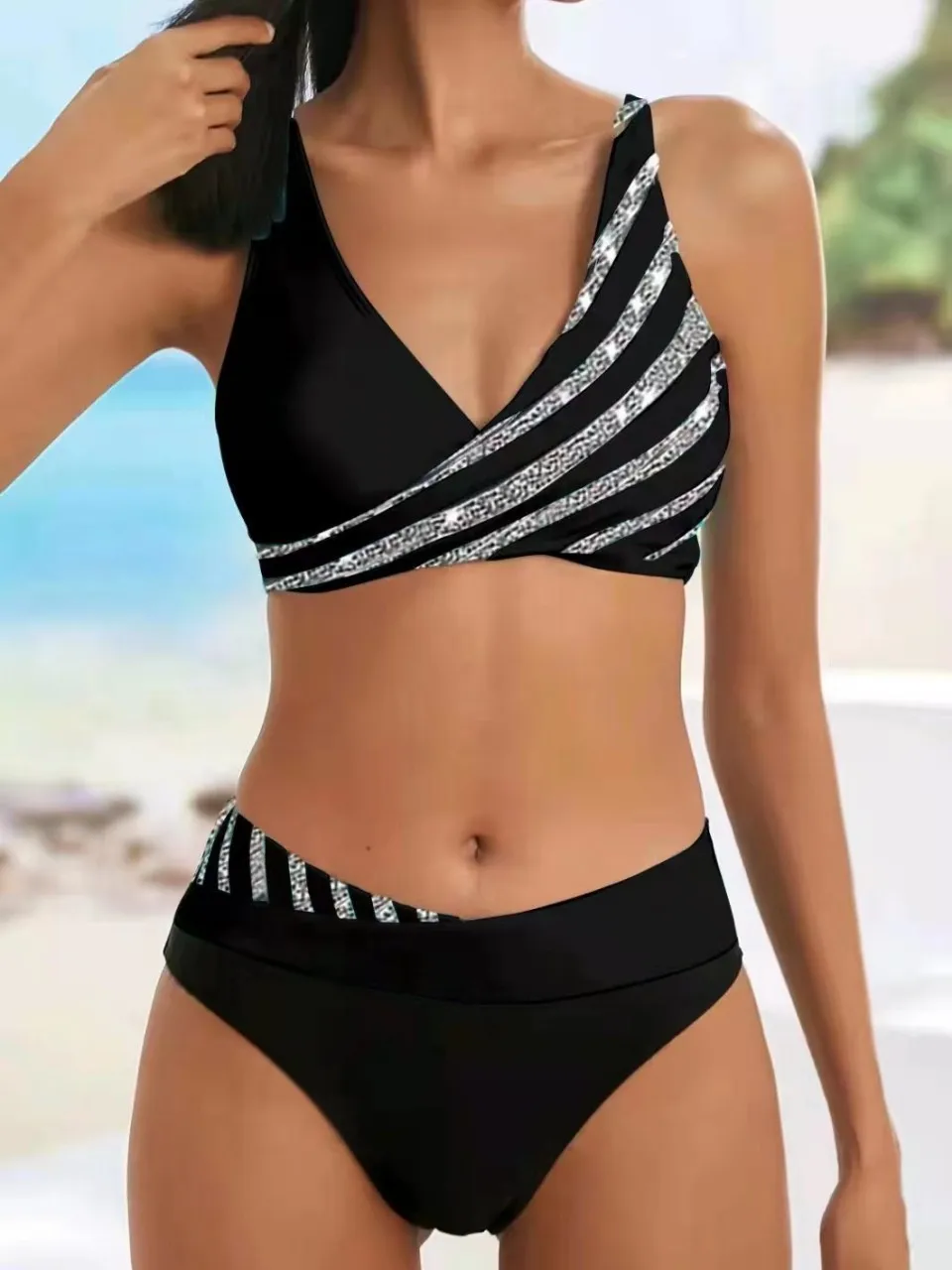 

V Neck Bikini Set 2026 Women Stripe Print Patchwork Swimwear Summer Beachwear Swimsuit Female Bathers Bathing Swimming Suit 3XL