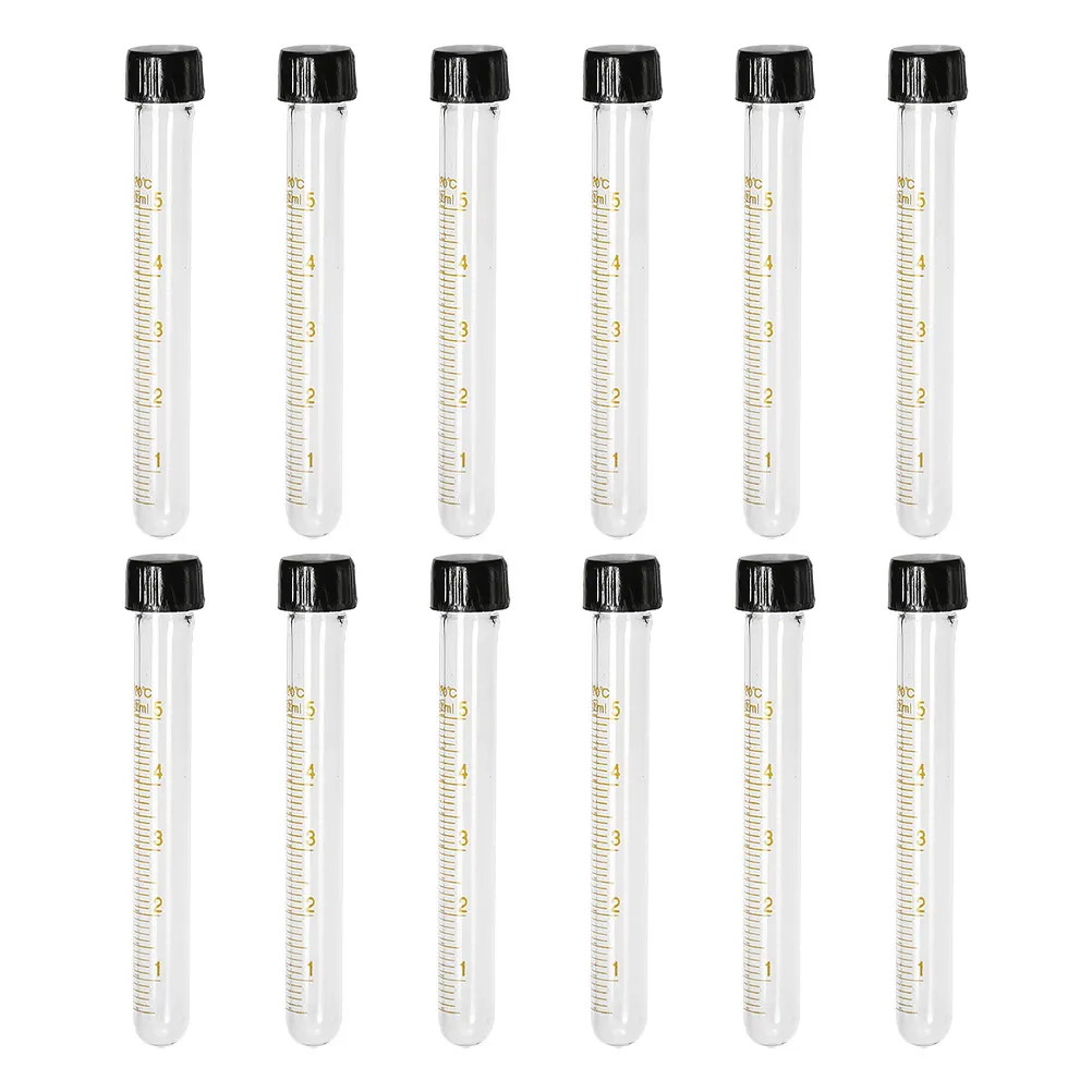 12Pcs Glass Test Tubes Round Bottom Black Screw Caps Sample Storage Containers Centrifuge Vial Serological Test